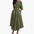 Women’s Midi Dress with Off-the-Shoulder Neckline and Lantern Sleeves