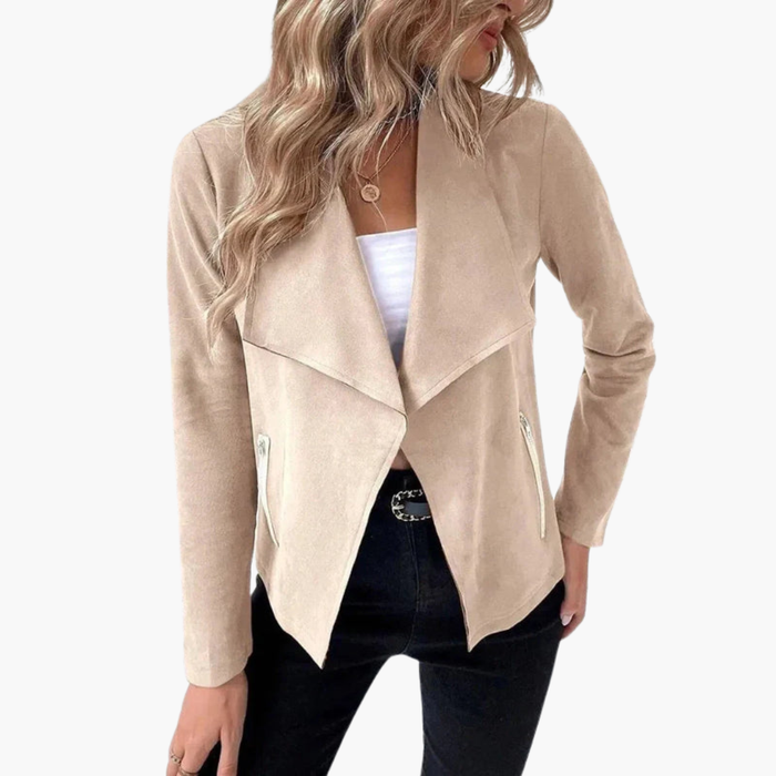Women’s Open Front Jacket with Draped Lapels and Zip Pockets