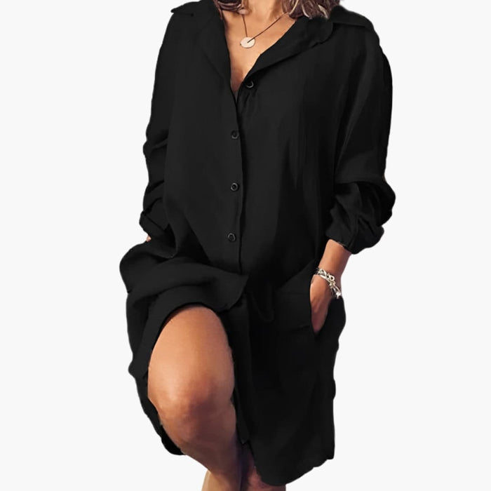 Women’s Oversized Collared Button-Up Blouse – Long Sleeve Pocket Shirt with High-Low Hem