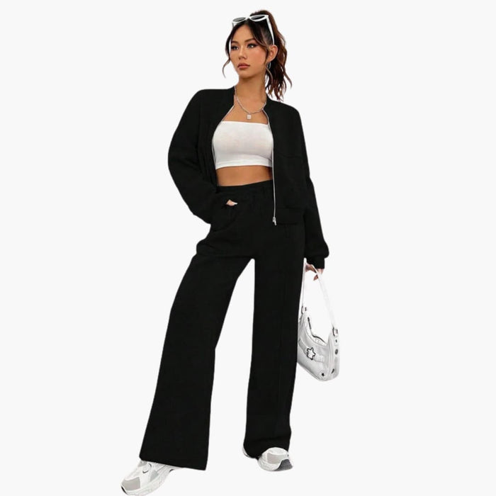 Women’s Plain Woven Bomber Jacket and Pants Set