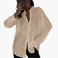 Women’s Plus Size Glitter Blouse – Long Sleeve Round Neck Shimmer Woven Top
