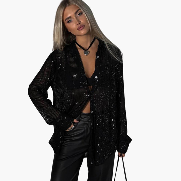 Women’s Plus Size Glitter Blouse – Long Sleeve Round Neck Shimmer Woven Top