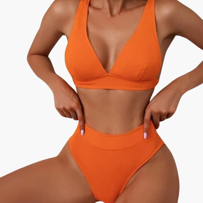 Women’s Ribbed Bikini Set with Wide Straps and High-Cut Bottom