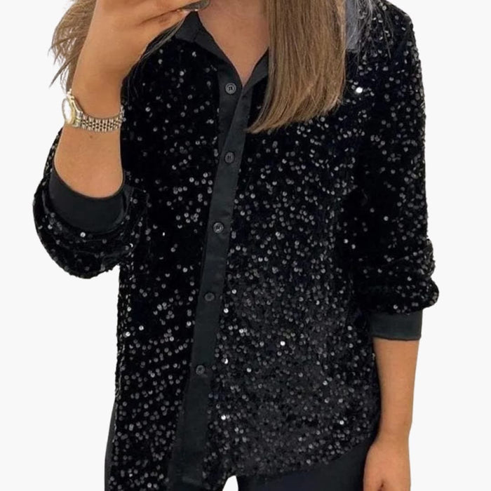 Women’s Sequin Button-Up Shirt with Collar and Long Sleeves