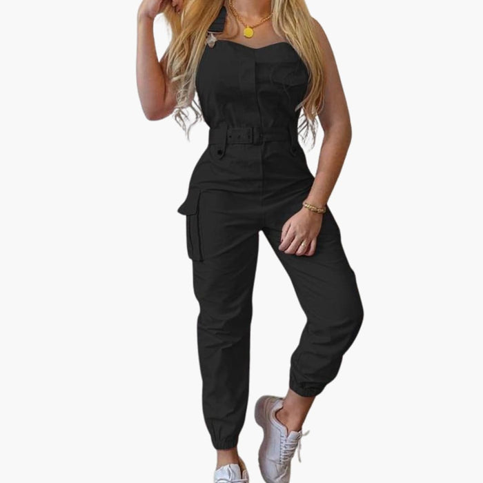 Women’s Sleeveless Jumpsuit with Shoulder Straps and Waist Belt