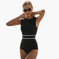 Women’s Striped One-Piece Swimsuit – Round Neck Bathing Suit with Built-In Support