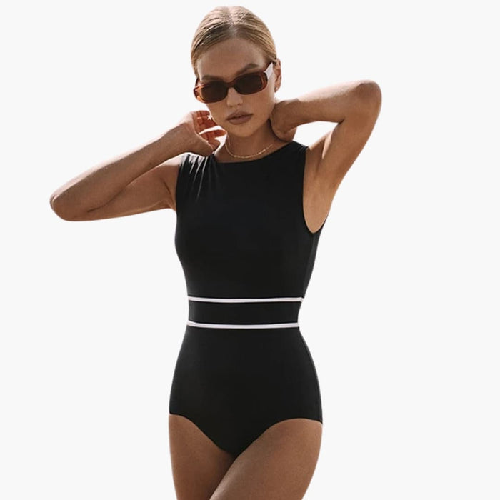 Women’s Striped One-Piece Swimsuit – Round Neck Bathing Suit with Built-In Support