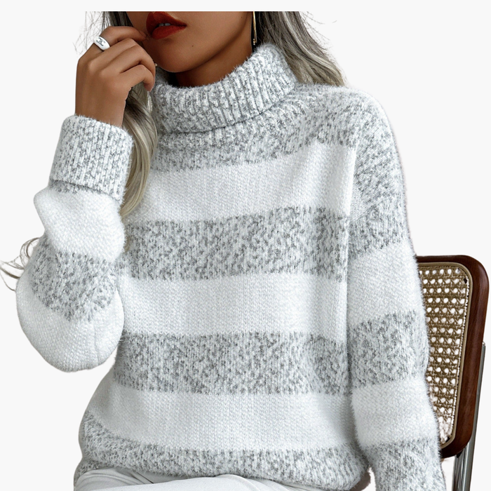 Women's Striped Turtleneck Sweater with Long Sleeves and Ribbed Edges