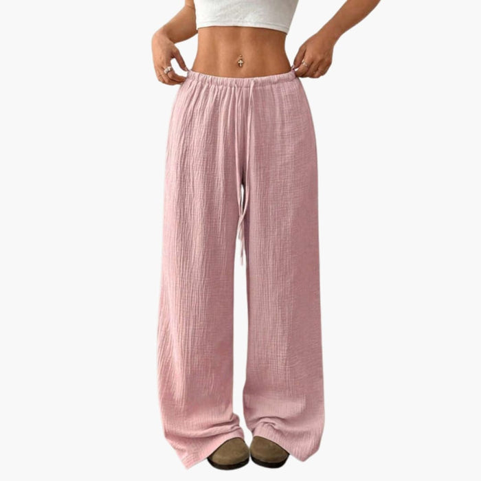 Women’s Summer Wide Leg Pants with Elastic Waist and Side Pockets – Pull-On Full-Length Trousers