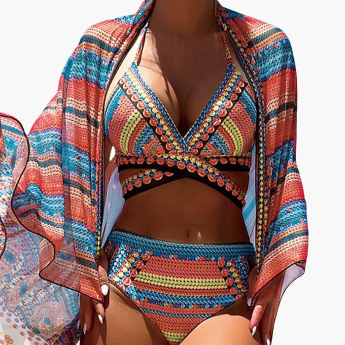 Women’s Three-Piece High-Waisted Bikini Set with Cross Strap Back
