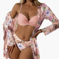 Women’s Three-Piece High-Waisted Bikini Set with Kimono Cover-Up