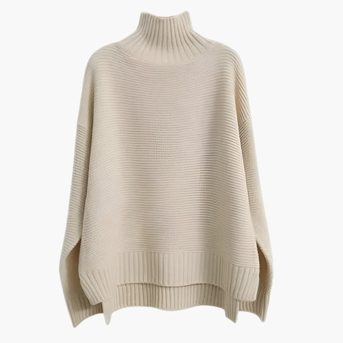 Women’s Turtleneck Knit Sweater with Ribbed Surface and Relaxed Hem
