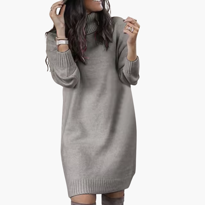 Women’s Turtleneck Sweater Dress with Long Sleeves and Ribbed Hem