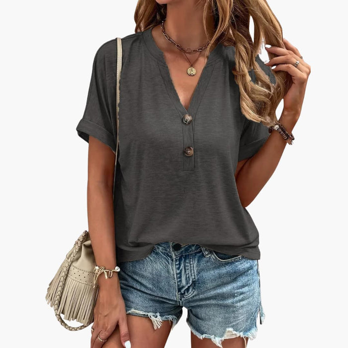 Women’s V-Neck Button Placket Short Sleeve T-Shirt