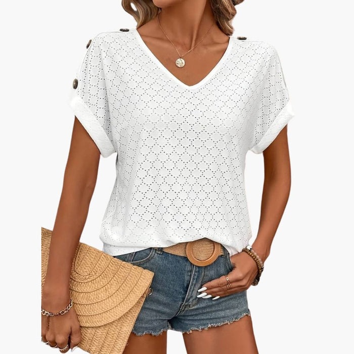 Women’s V-Neck Eyelet Button Detail Short Sleeve T-Shirt