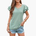 Women’s V-Neck Eyelet Ruffle Sleeve T-Shirt – Short Sleeve Textured Top