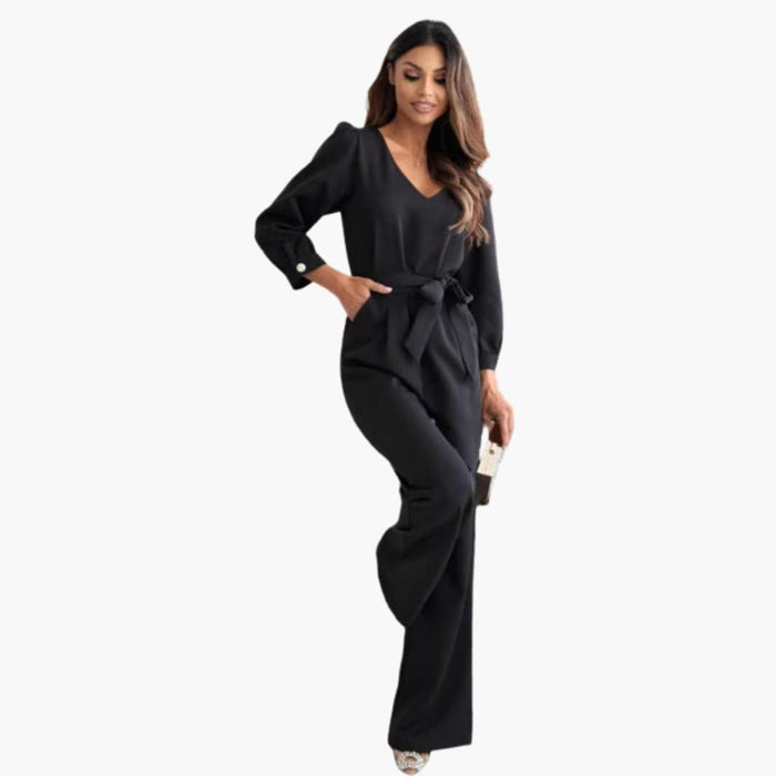 Women’s V-Neck Jumpsuit with Adjustable Belt – Long Sleeve One - Piece