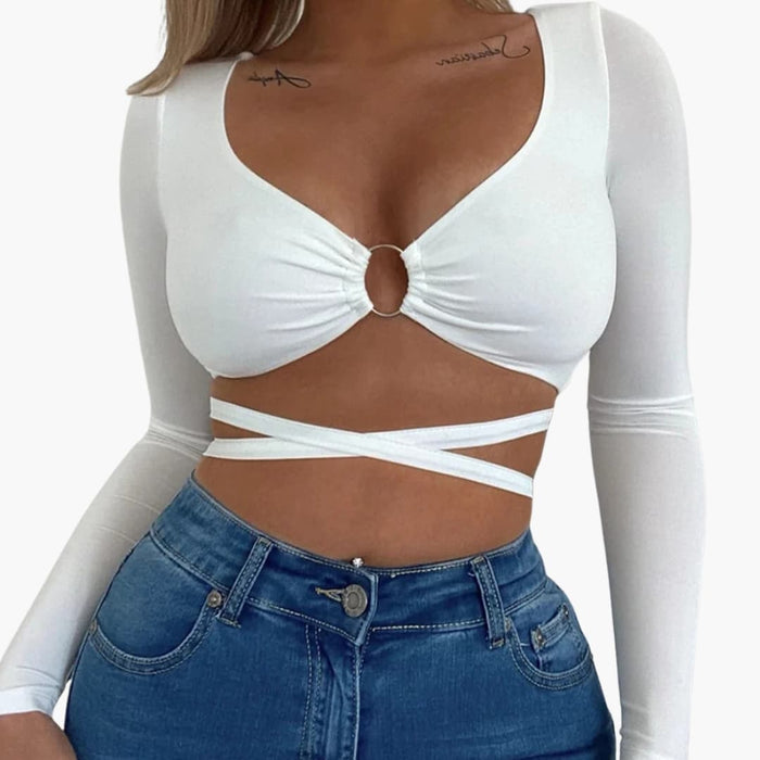 Women's V-Neck Long Sleeve Crop Top with Ring Detail