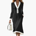 Women’s Midi Dress with V Neckline and Button Detail