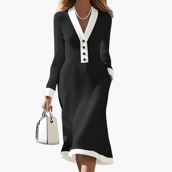 Women’s Midi Dress with V Neckline and Button Detail