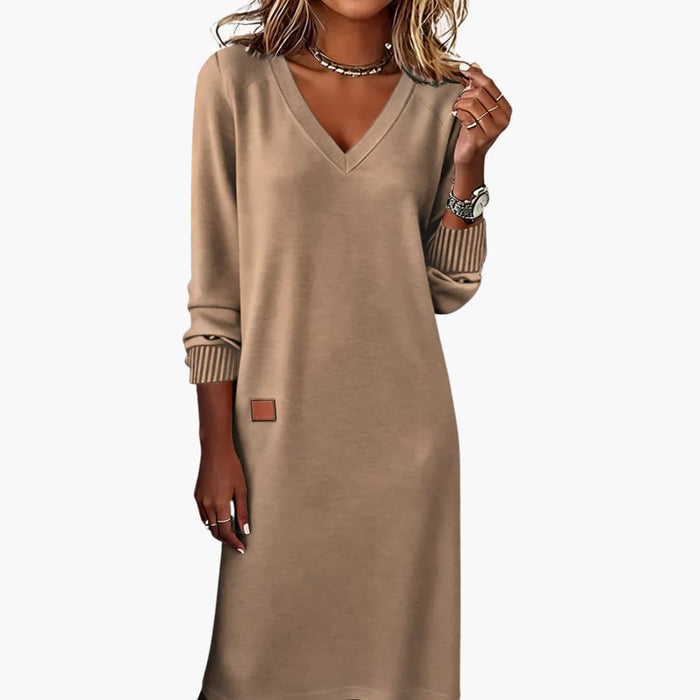 Women’s Midi Dress with V-Neck and Side Pockets