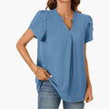 Women’s V-Neck Puff Sleeve Blouse – Loose Fit Woven Pullover Top