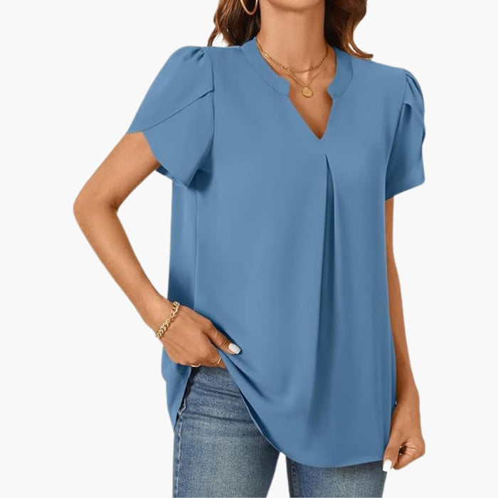 Women’s V-Neck Puff Sleeve Blouse – Loose Fit Woven Pullover Top