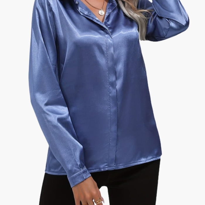 Women’s V-Neck Satin-Style Blouse – Long Sleeve Woven Dressy Top