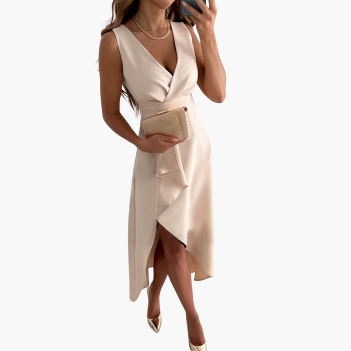 Women’s V-Neck Wrap Midi Dress with Long Sleeves and Adjustable Waist
