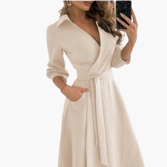 Women’s Wrap Dress with Belt-Long Sleeves-and Side Pockets