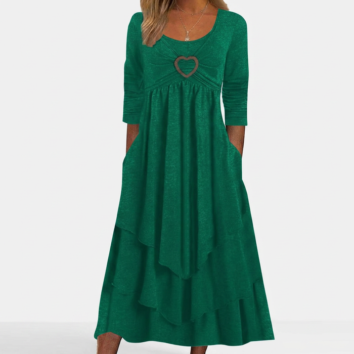 Women’s Long Sleeve Ruched Tiered Midi Dress with Pockets