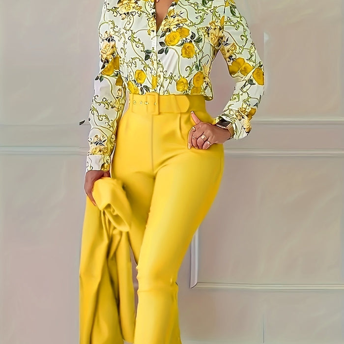 Women's Floral Button-Down Blouse with Long Sleeves