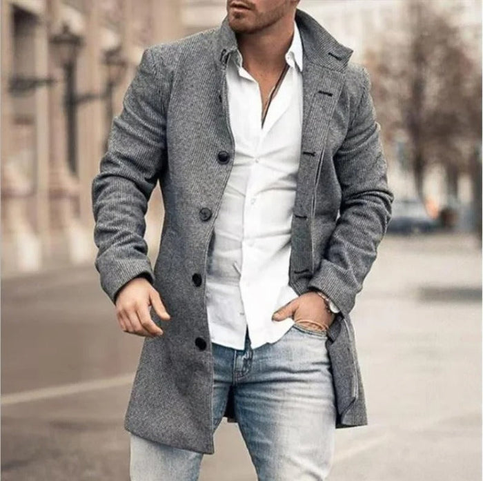 Men's Tailored Long Coat with Notched Collar Button Front
