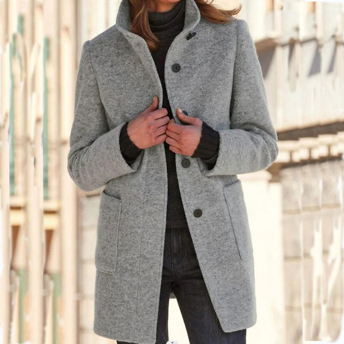Women's Stand Collar Button Front Coat Mid-Length