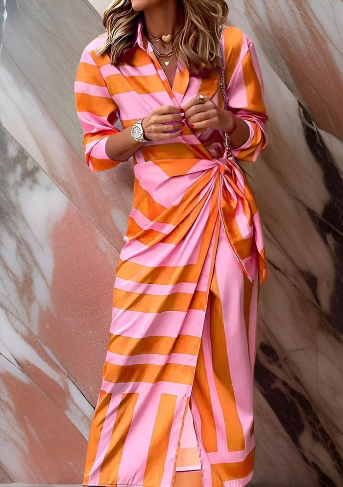 Women's Striped Long Sleeve Wrap Dress with V-Neck
