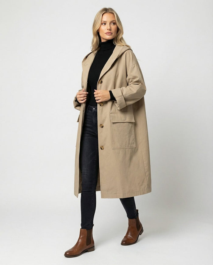 Women's Hooded Trench Coat Windproof Water-Resistant