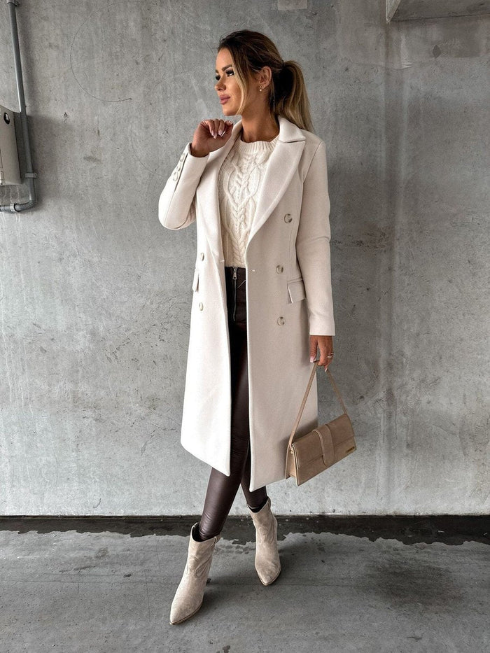 Women's Double-Breasted Long Coat with Notched Lapel