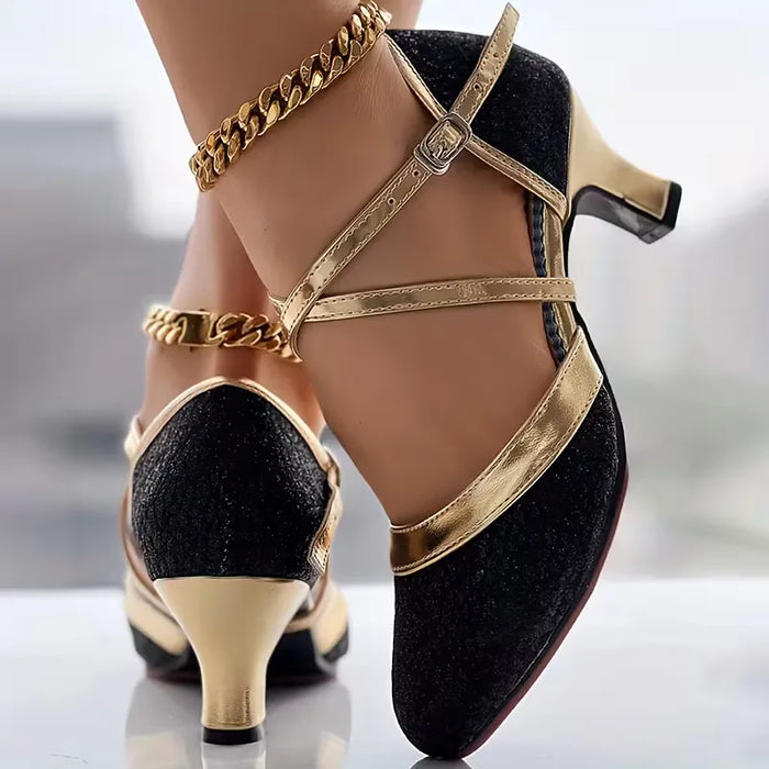 Women's Metallic Gold Block Heel Sandals with Ankle Strap