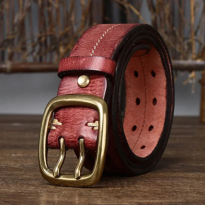 Men's Leather Belt Double Pin Brass Buckle