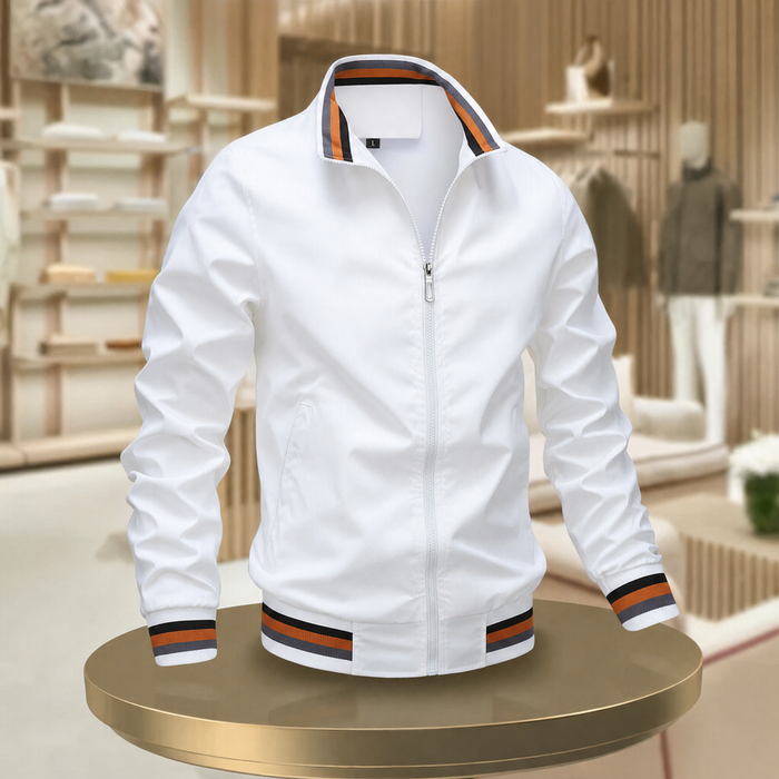 Men's Bomber Jacket Full Zip Stand Collar with Stripe Cuffs