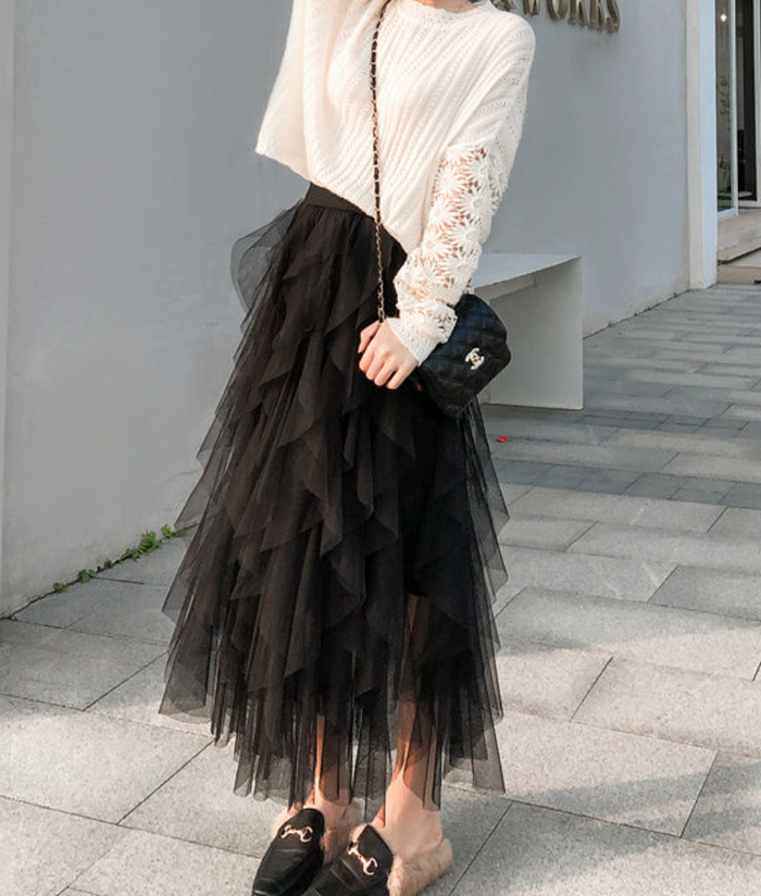 Women's Layered Mesh Maxi Skirt with Tiered Ruffles