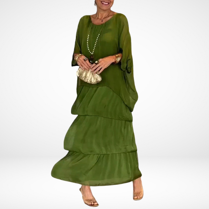 Women's Tiered Long-Sleeve Maxi Dress Round Neck