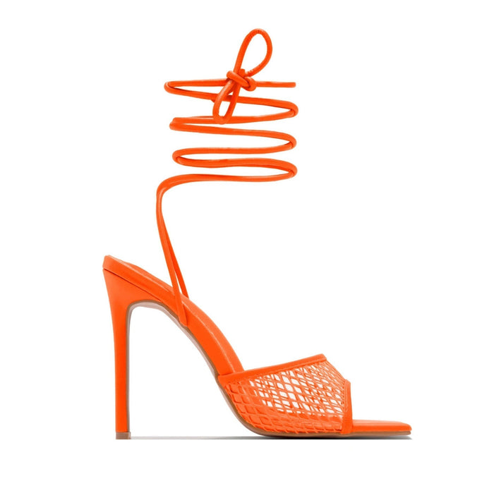 Women's Mesh High Heel Sandals with Lace-Up Ankle Tie