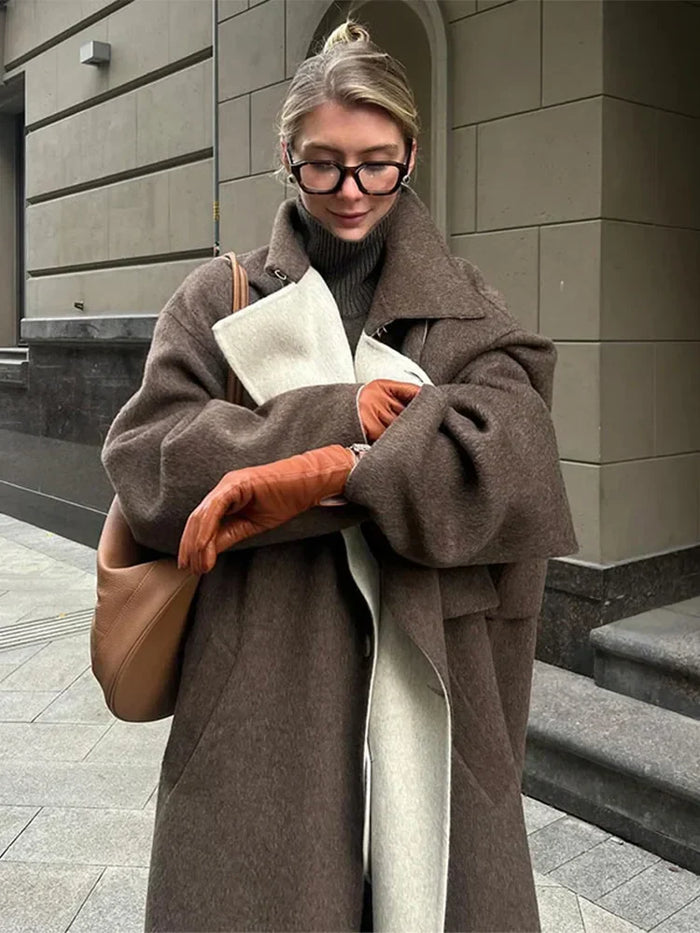 Women's Longline Wool Coat with High Collar and Button