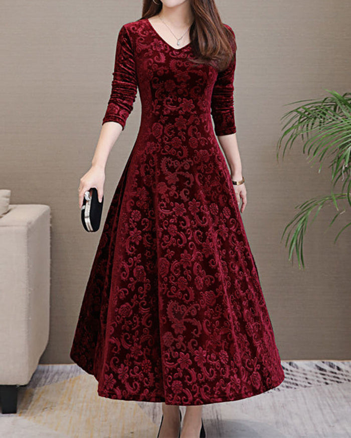 Women's Floral A-Line Midi Dress with Long Sleeves