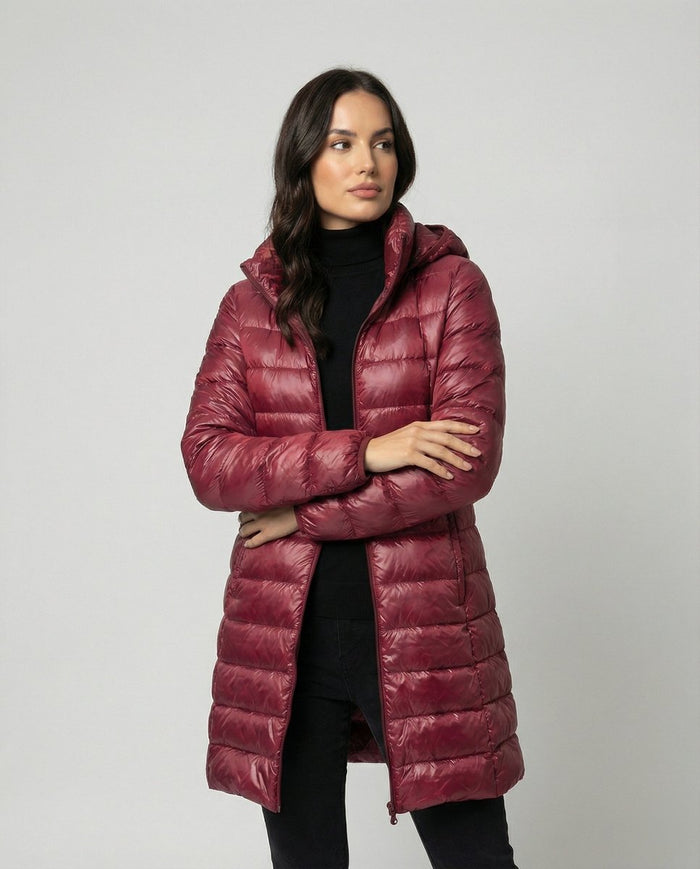 Women's Hooded Quilted Puffer Coat Slim-Fit Knee-Length