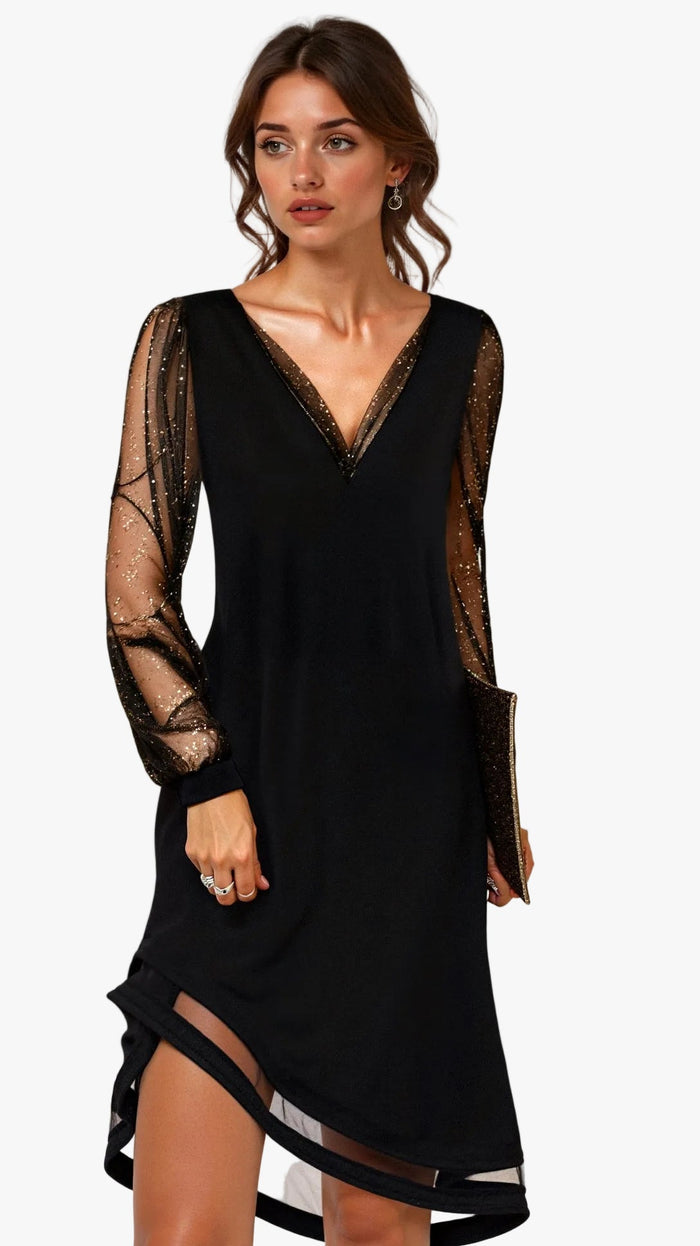 Women's Midi Dress with Sheer Sparkle Sleeves V-Neck